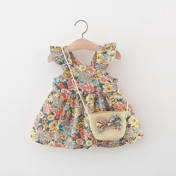 Vintage Garden Flower Baby Girl's Summer Dress with Straw Bag - Tiny Details